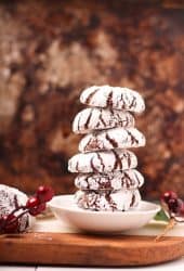 Stack of vegan chocolate crinkle cookies