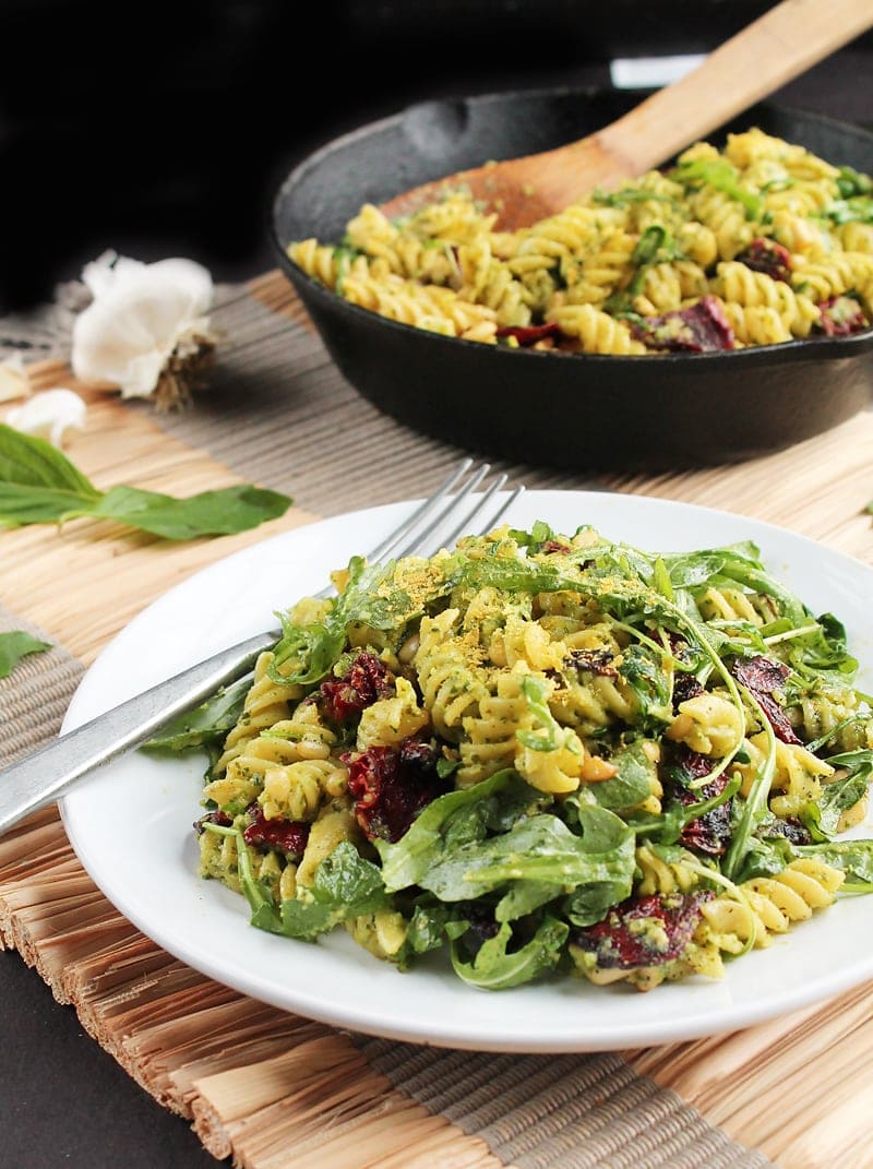 Vegan Pesto Pasta with Sun-dried Tomatoes and Arugula