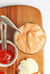 Vegan Russian Dressing in a Mason Jar with a spoon