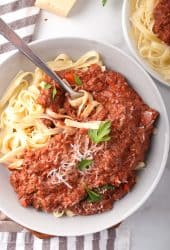 Finished bowl of vegan pasta with a fork