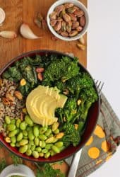 Broccoli, edamame, quinoa, and avocado in a small black bowl