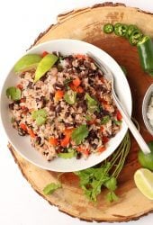 Black beans and rice in a white bowl