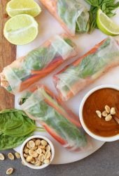 Finished spring rolls on a platter with peanut sauce