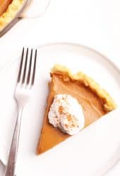 Slice of vegan Pumpkin Pie with coconut whipped cream and cinnamon.