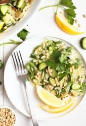 Lemon Orzo Salad on a white plate