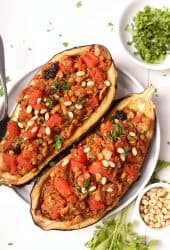 Two Moroccan Stuffed Eggplant on white plate