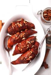 Hasselback sweet potatoes in casserole dish