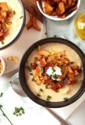 Vegan potato soup with coconut bacon