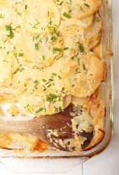 Vegan Scalloped Potatoes in casserole dish