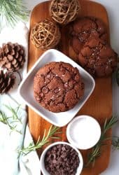 Salted Chocolate cookies on wooden board.