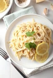 Vegan lemon pasta on white plate