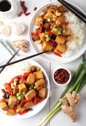 Kung Pao Tofu on two white plates