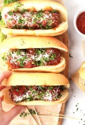 Vegan Meatball Subs on wooden platter