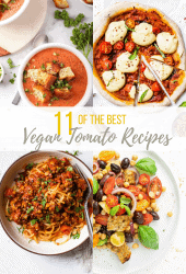 Tomatoes are the perfect late summer vegetable. They are sweet, tart, filled with nutrients, versatile, and oh so prolific. With so many delicious vegan tomato recipes to make, let’s celebrate!