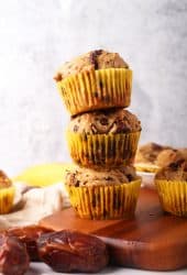 Stack of three vegan banana muffins