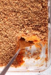 Finished sweet potato casserole in a glass casserole dish