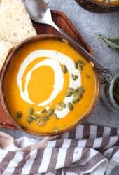 Finished butternut squash soup in a coconut bowl