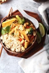 Bowl of red Thai curry served over rice.