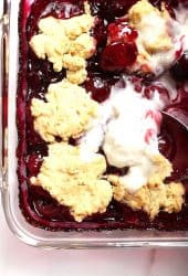 Vegan Cherry Cobbler in casserole dish